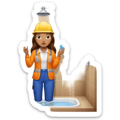 beautiful girl with long brown hair constructing new bathroom area with new shower and amenities  sticker