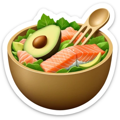 a brown carton bowl full of green salad, salmon sashimi and an avocado scoop on top sticker