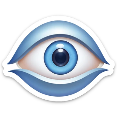 white capital letter O inside almond-shaped gradient eye with silver curved accents on both sides, on circular blue background, symbolizing vision and clarity sticker