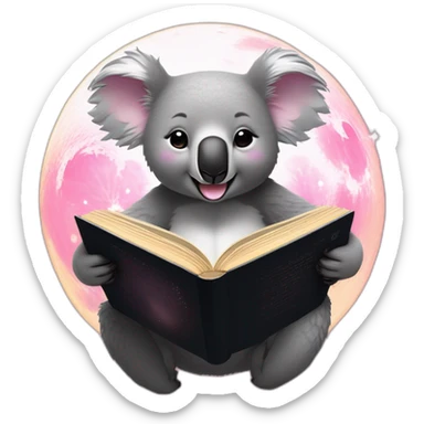 A koala perched on a ethereal glowing crescent moon, with dark black sky, smiling and blushing pink,  reading a book with glowing light on the pages sticker