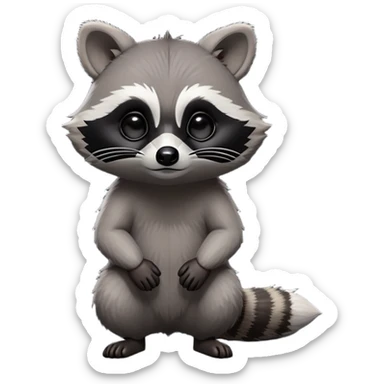 Cinematic-cute Raccoon-Realistic-hunched Full-Body on all fours-Emoji – Tail flicking lazily, head tilted dramatically, thick grey fur with a signature black mask, sharp and alert ears, simplified yet realistic focused features, highly detailed, glowing with an almost sarcastic glow. big black eyes sticker