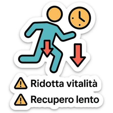 infografica in italiano, figura stilizzata di atleta con simbolo di orologio e freccia verso il basso nella zona pelvica, didascalie Ridotta vitalità e Recupero lento, icone di avviso, sfondo bianco sticker
