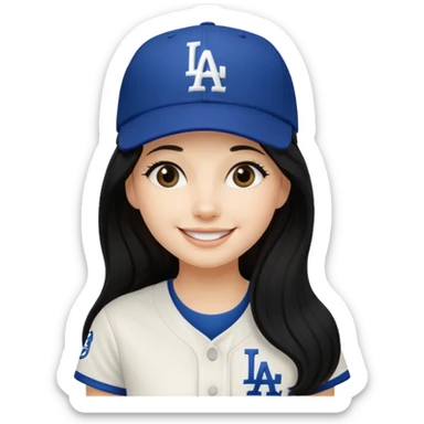 Can you make an emoji of a girl with fair skin with black long hair wearing an LA dodger hat. Only include her face no neck.  sticker
