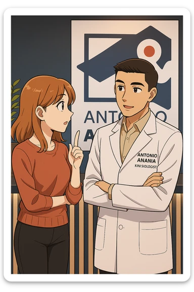 su questo stile fai un manga/webtoon a colori in cui una donna incuriosita fa una DOMANDA ALL'UOMO, l'uomo della foto in stile manga LE risponde, mantieni un ambiente simile alla foto che ho allegato con il suo logo (sarebbe il suo studio, lui è un kinesiologo), scrivigli "ANTONIO ANANIA" sul camice bianco, non mettere fumetti, ma fai in modo che sembri che la donna CHIEDA curiosa E L'UOMO le risponda sticker