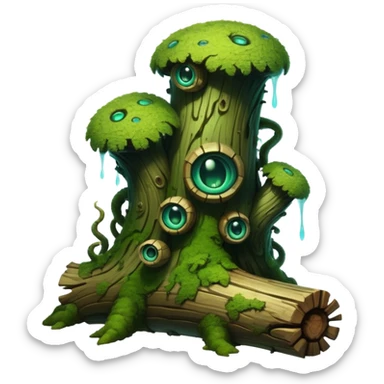 A serpentine creature with a segmented body resembling moss-covered logs, many eyes, featuring bioluminescent fungi growing along its spine that pulse hypnotically when it hunts at night.

 sticker