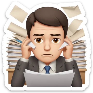 office worker in stress with papers sticker