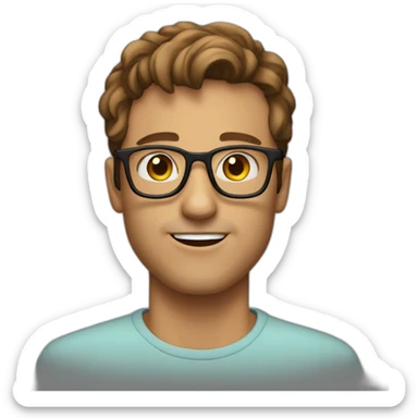 Create an emoji of a very enthousiastic guy with brown hair, a broad jaw line and glasses. sticker