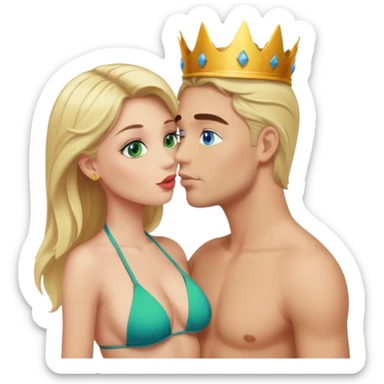 Blonde Queen Green eyes with crown in Bikini kissing Male subject without crown dark Hair blue eyes sticker