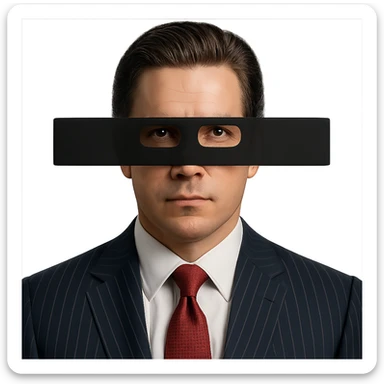 solid man 35-40 years old, dark blue banker suit with white vertical stripes, red textured tie, slicked-back hairstyle like Patrick Bateman, black long rectangular shape covering part of face with eyes visible sticker