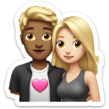 Cute white couple, blonde hair woman and man  dark haired kissing holding a pink heart sticker