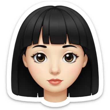 black hair with bangs, small lips, big black eyes, small large nose and dimples sticker