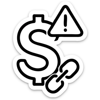 Slack emoji icon of a dollar sign with a warning triangle and a small broken link, visually representing a payment vendor being down, simple and easy to recognize sticker