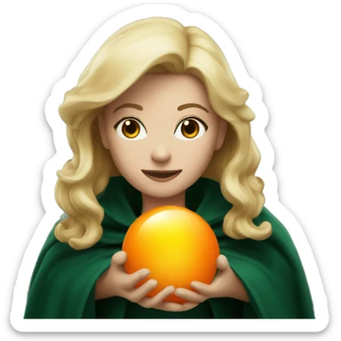 Blonde woman in dark green cloak holding an orange glowing orb sticker