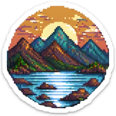 mountains with sea at sunset sticker