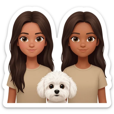 Only include faces two identical girls both with very dark long brown hair and darker beige ish skin for BOTH with a white fluffy dog small dog sticker