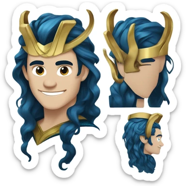 Loki (Tom Hiddleston) from Thor 1, with blue skin, darker blue veins that looks like runes , a horned Gold crown, and medium-length wavy black hair. sticker