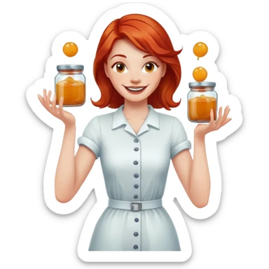 redhead woman juggling with 3 glass jars with jam sticker