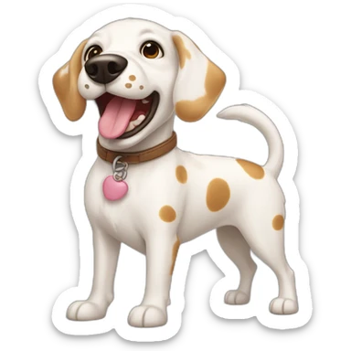 white dog with large caramel-colored spots and ears standing up and tongue out. sticker