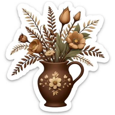 Dried flowers and pods in a brown vase sticker
