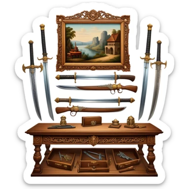 Icon for Antiques Collecting: vintage intricately carved furniture, famous paintings, antique swords, and rifles. The items are displayed on a wooden table or shelf. The icon should evoke the rich history and craftsmanship of antique collecting. Transparent background. sticker