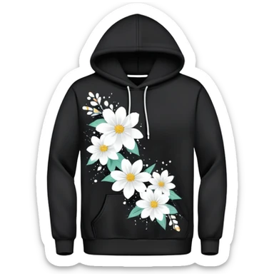  Black Hoodie with White Floral Splatter 
A sleek black hoodie featuring a scattered white floral pattern, blending streetwear vibes with artistic expression. Perfect for casual wear or making a bold statement. sticker