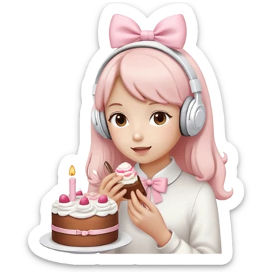 girls wearing White headphones with soft pink bow,having cute cake sticker