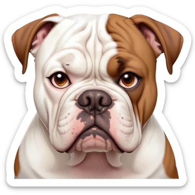 Cinematic Meme-Worthy Grumpy White and Brown American Bulldog Portrait Emoji, Head held high but eyes filled with dramatic disappointment, short white fur with striking brown patches, deeply furrowed brow creating an unmistakable scowl, floppy ears slightly angled back in disapproval, piercing brown eyes glaring with pure exasperation, Simplified yet hilariously over-exaggerated features, highly detailed, glowing with an aura of supreme annoyance, high shine, exhausted yet judgmental, stylized with an almost regal pettiness, bright but brooding, soft glowing outline, capturing the essence of a pup that has seen it all and is thoroughly unimpressed, so meme-worthy it feels like it could instantly become the next viral sensation of grumpiness! sticker