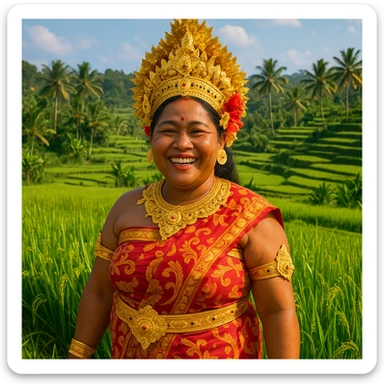 a Balinese person in festive clothing with gold accessories, joyful face, rice field setting sticker