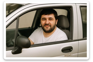 mana shu rasmdagi odam matiz mashinasining haydovchi o'rindig'ida o'tirib oynasidan kameraga qarab turgan holatini tasvirlab ber sticker