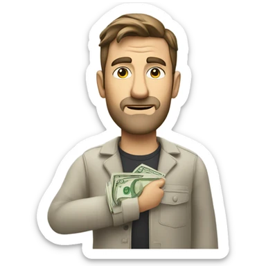 Caucasian Man sticking out his hand with money and a scowl sticker
