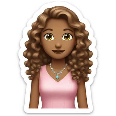 Girl with blue/green eyes, curly long brown hair, with a pink dress and sparkling neck less  sticker