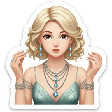 "A woman elegantly holds several shimmering necklaces in her hands, her gaze focused on the intricate details of each piece. She wears a simple dress and her hair is neatly styled." sticker