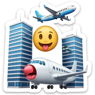 A freaky emoji with its tongue out standing next to two large buildings with a plane heading towards them sticker