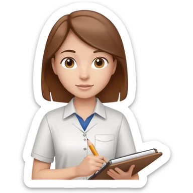 Intern or volunteer with brown hair holding a clipboard and pencil, ready to take notes or assist. The character wears a simple shirt and has an eager posture sticker