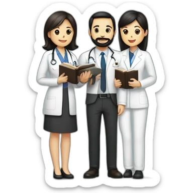 husband american man with dark brown hair and trimmed beard wearing a suit holding a bible, wife to woman asian middle age with black shoulder length hair wearing a nurse uniform sticker