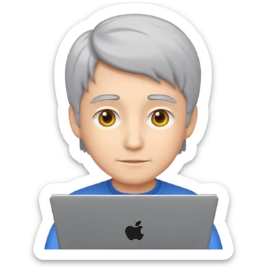 Make the hair gray or white, keep the emoji style of a young coder using a laptop and referencing a tablet. sticker