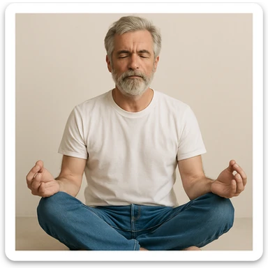 grey-haired and bearded white man meditating, wearing a white t-shirt and blue jeans, simple background sticker