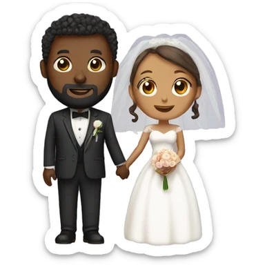 Black bald man with a beard and his wife with long, brown, curly hair on their wedding day sticker