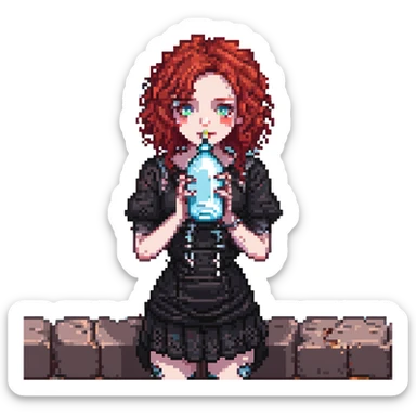 close-up goth girl with red curly hair drinking water sticker