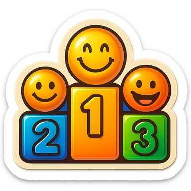 Fix the podium numbers so they are in order 2, 1, 3 from left to right. Keep the cheerful emoji style with vibrant colors and playful expressions. sticker