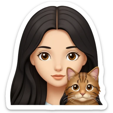 A beautiful girl with long black hair and  a brown long haired tabby sticker