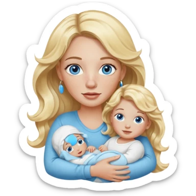 Wavy blonde, white woman with blue eyes, freckles hoop earrings, holding babies sticker