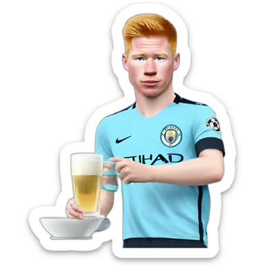 Kevin de Bruyne with a shirt of Manchester City drinking tea ,on the cup there the flag of Real Madrid  sticker