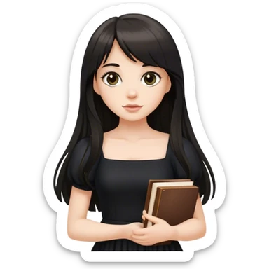 Beautiful white girl, with dark very long hair with bang, wearing black dress, holding books sticker