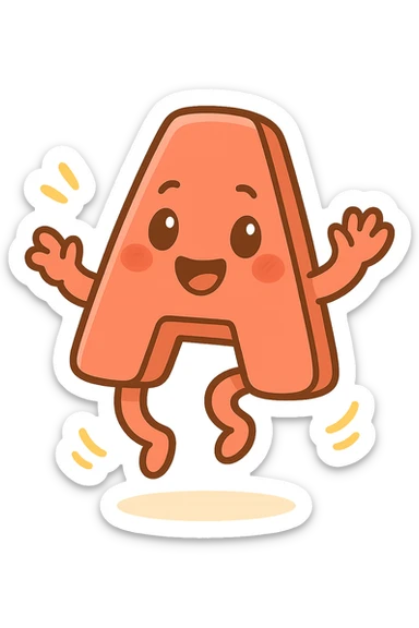 Add a jumping animation to the letter A, preserving the cartoonish style with bright colors and a transparent background. sticker