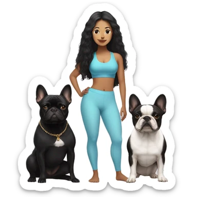 latin women with long black hair in yoga outfit standing alongside two french bulldogs  sticker