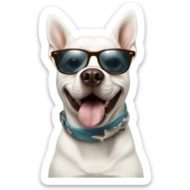 Dog on a shark wearing ugly sunglasses with poop on the head at the dog really really tall sticker