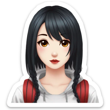 Gorgeous anime style lady with blushing face aesthetic and pretty edgy black red punk hair with hair garment trending style sticker