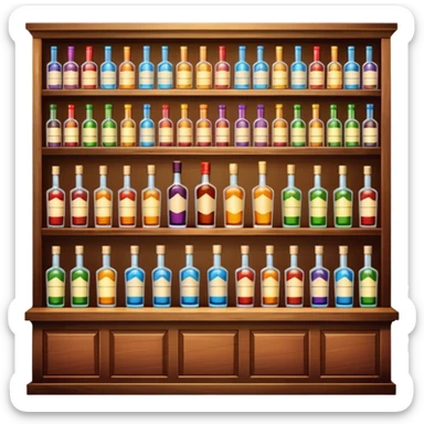 A wooden bar counter with rows of colorful liquor bottles lined up behind.
 sticker