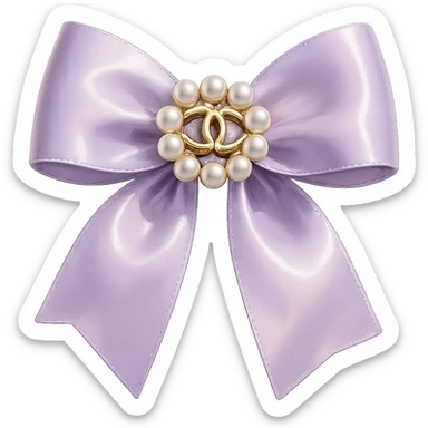 Remove the background, keep only the elegant bow with pearls and gold Chanel logo, glossy, pastel colors, realistic style, with no background. purple sticker